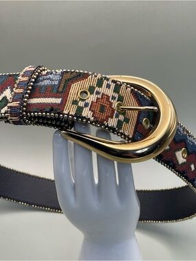 Vtg Absolutely Fresh Multicolor Woven Tapestry Belt with Gold-Tone Curved Buckle